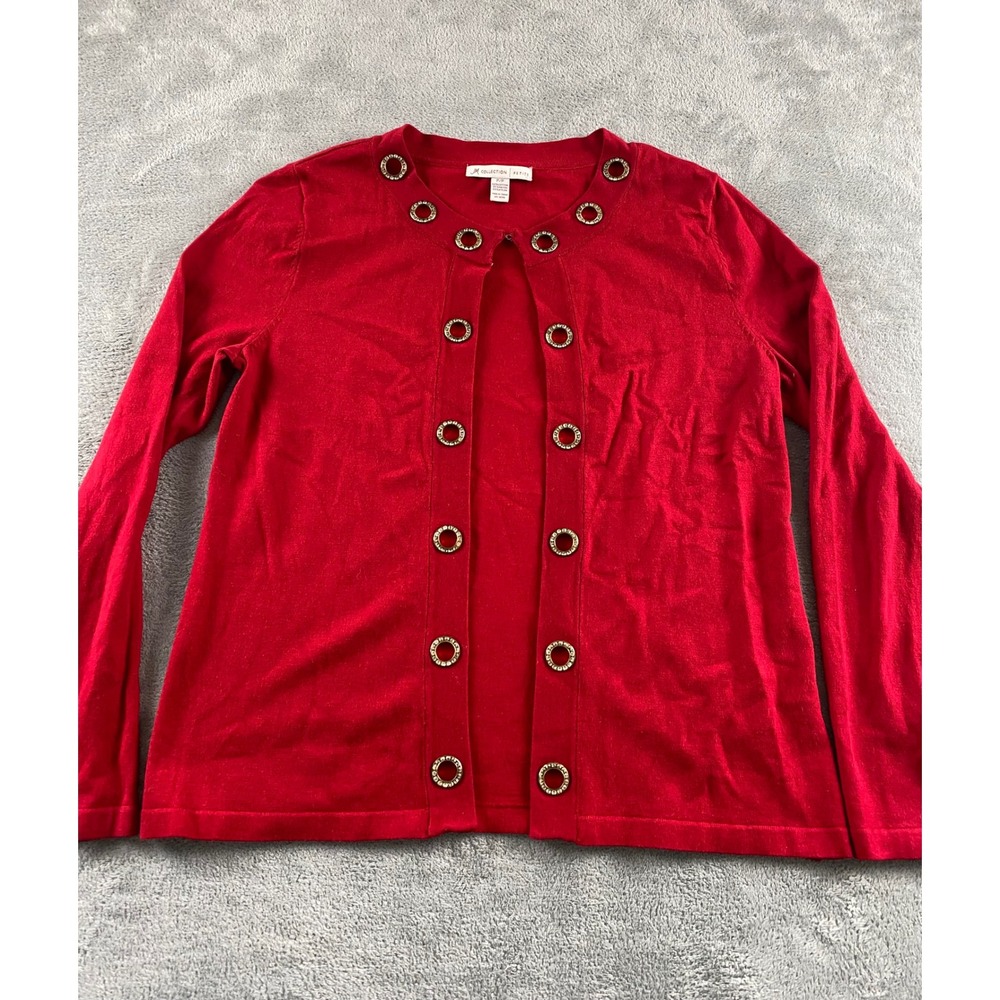 JM Collection Petite Red Rhinestone Grommet Open Front Cardigan Sweater P/P - Picture 2 of 14